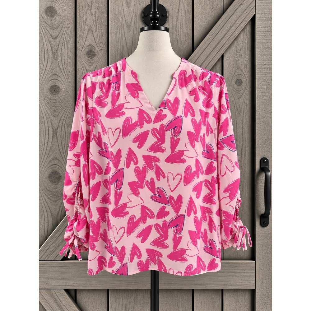 Belle Kim Gravel Blouse 1X Pink Heart Print V-Neck Ruched Tie Sleeve A631907